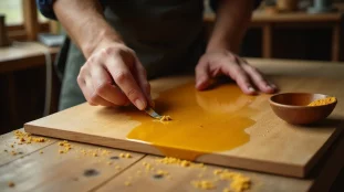 Artisan appliquant une recette bois de bouddha à base d'huile et de pigment doré sur une planche de paulownia dans un atelier