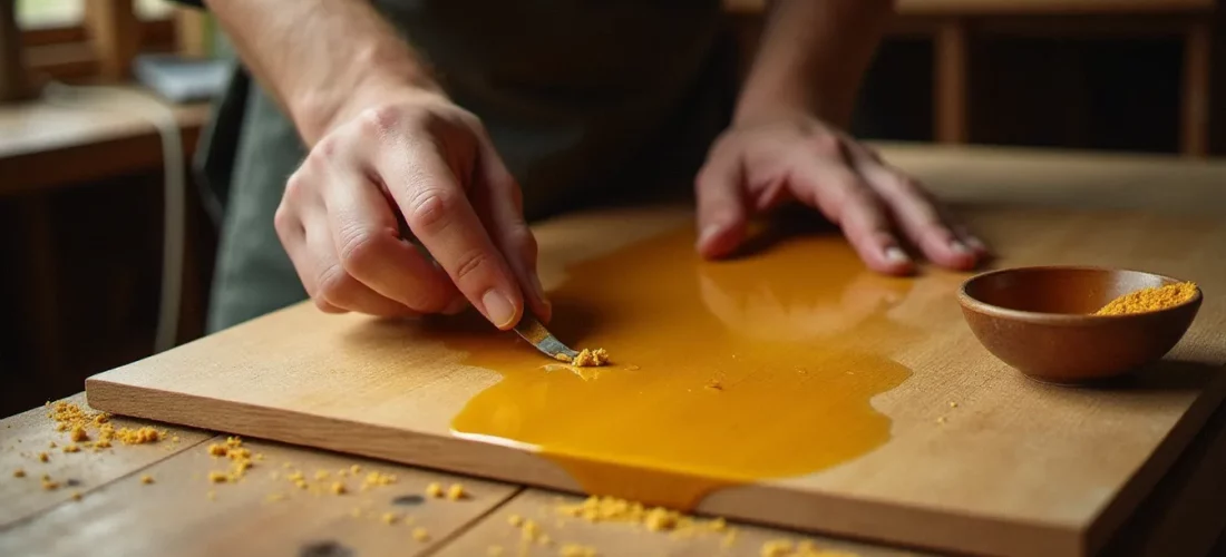 Artisan appliquant une recette bois de bouddha à base d'huile et de pigment doré sur une planche de paulownia dans un atelier