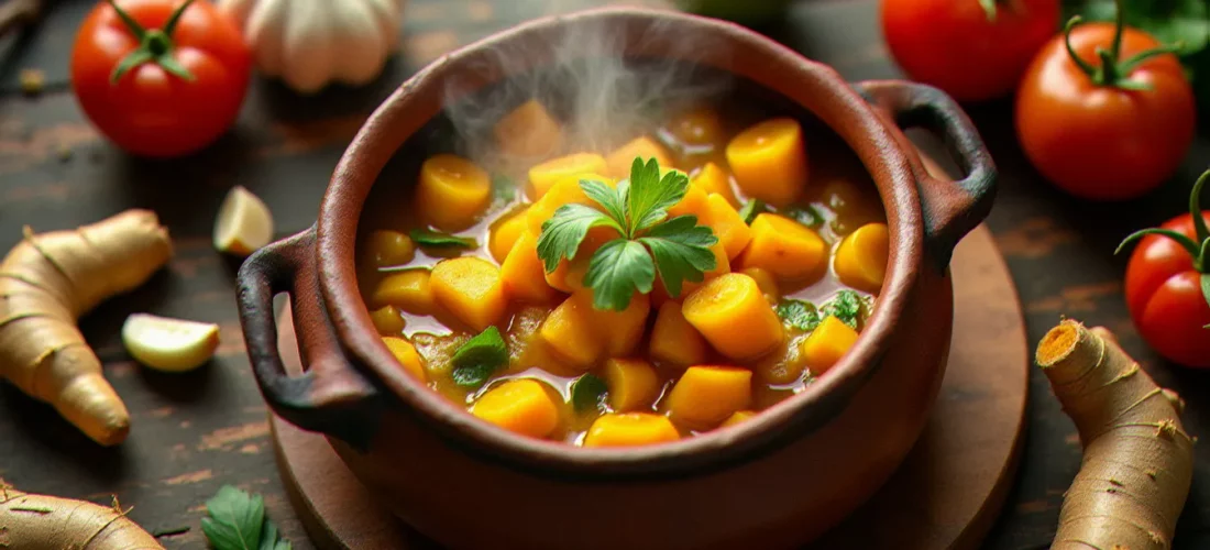 Carry bois de songe Réunion servi dans un pot en terre cuite entouré d'épices fraîches créoles sur une table en bois rustique