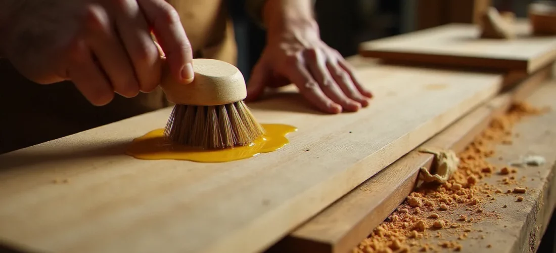 Application de la recette bois Gibert à base d'huile de lin sur des planches de chêne brut dans un atelier de menuiserie artisanale