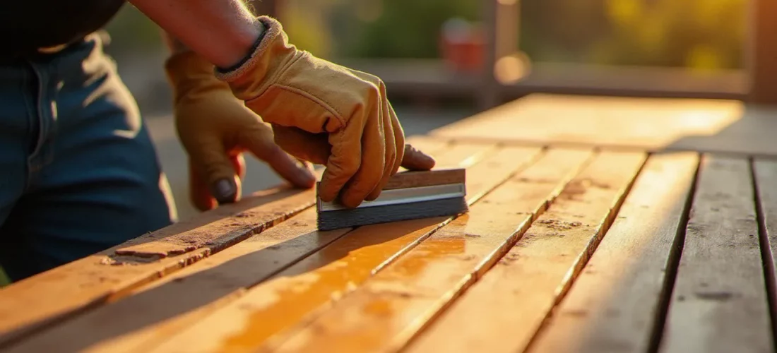 Application de saturateur bois sur une terrasse en bois exotique avec un pinceau plat, illustrant comment appliquer le saturateur bois correctement