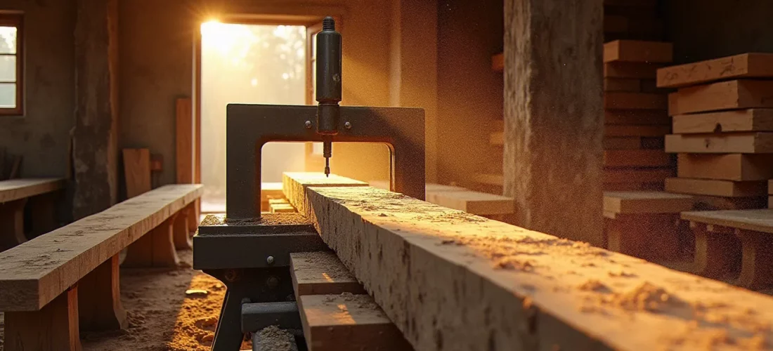 Intérieur d'une scierie bois artisanale où une scie à ruban débite un tronc de pin en planches