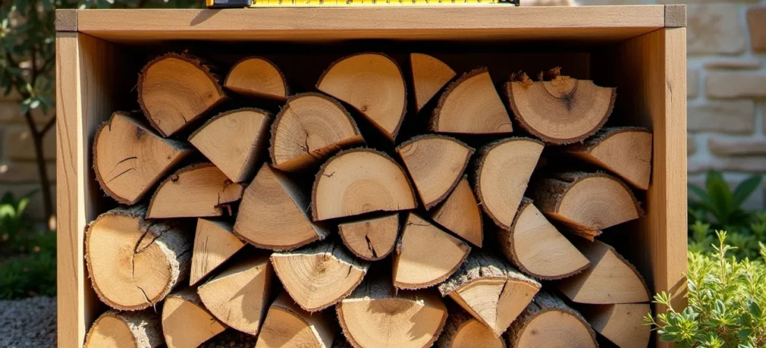 Un ster de bois : tas de bûches de chêne fendues, empilées dans un cadre en bois sur un mètre cube, dans un jardin méditerranéen