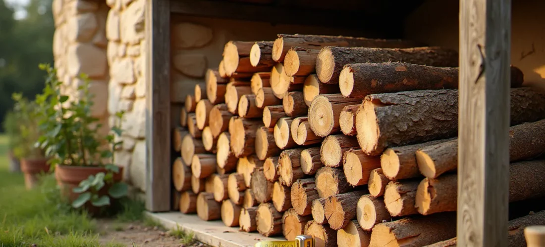 Un stère de bois de chêne empilé dans un cadre en bois devant une maison en pierre de l'Hérault