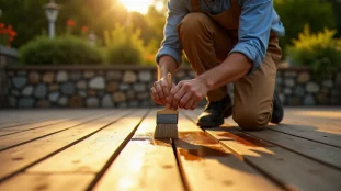 Artisan appliquant une huile de protection sur une terrasse bois propre pour l'entretenir et la protéger durablement