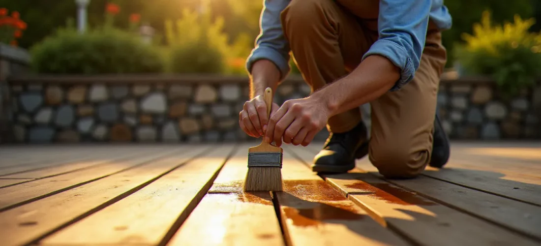 Artisan appliquant une huile de protection sur une terrasse bois propre pour l'entretenir et la protéger durablement