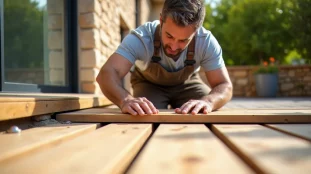 Artisan posant des lames de terrasse bois sur une terrasse extérieure ensoleillée, illustration de comment faire une terrasse bois soi-même