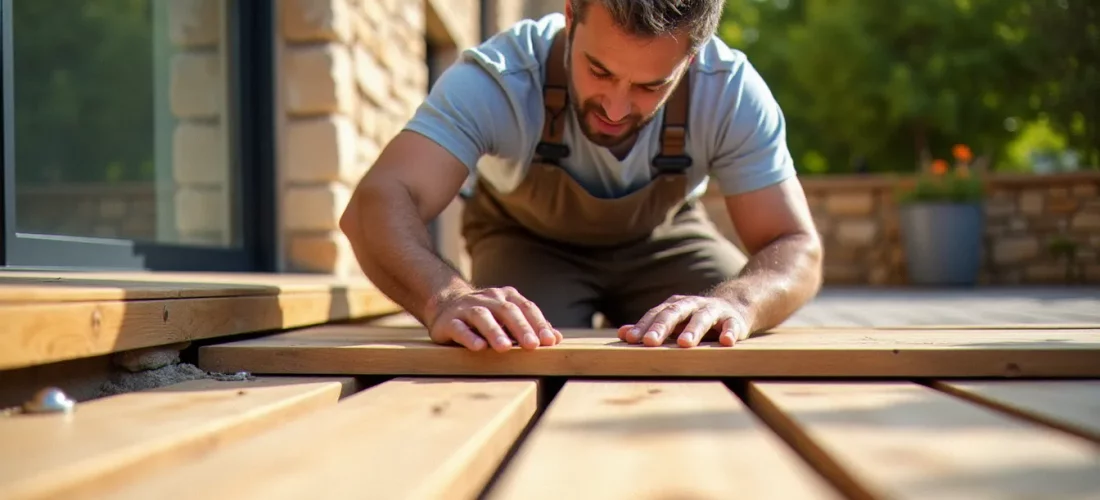 Artisan posant des lames de terrasse bois sur une terrasse extérieure ensoleillée, illustration de comment faire une terrasse bois soi-même