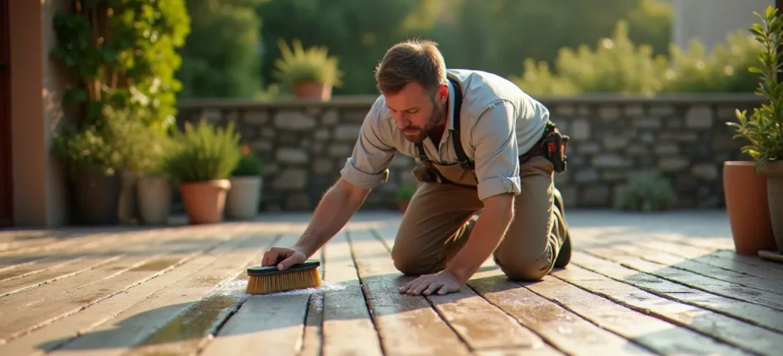 Artisan nettoyant une terrasse bois avec une brosse rigide et un produit moussant, illustrant comment nettoyer efficacement une terrasse en bois