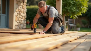 Artisan posant des lames de terrasse bois en douglas sur une terrasse extérieure ensoleillée, technique de pose professionnelle terrasse bois comment poser