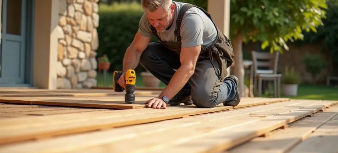 Artisan posant des lames de terrasse bois en douglas sur une terrasse extérieure ensoleillée, technique de pose professionnelle terrasse bois comment poser