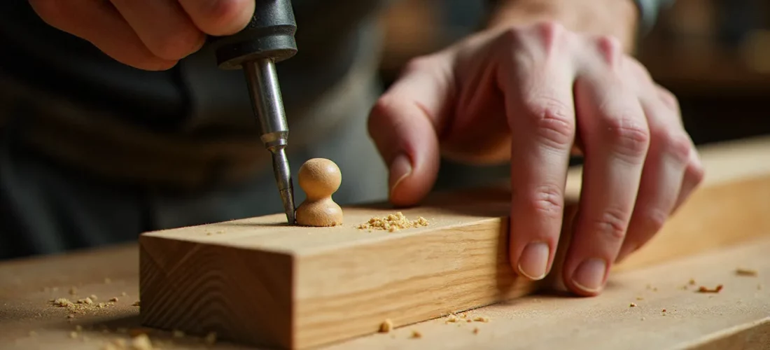 Artisan insérant un tourillon bois dans un trou percé sur une planche de chêne en atelier, technique d'assemblage au tourillon bois illustrée en gros plan