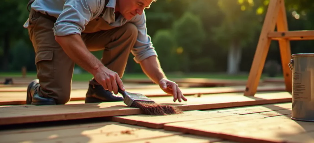 Artisan appliquant un traitement bois efficace à la brosse sur des planches de pin posées sur des tréteaux dans un jardin méditerranéen ensoleillé