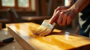 Artisan appliquant un vernis bois avec un pinceau plat sur une planche de chêne massif dans un atelier de menuiserie, illustrant la technique de vernis bois comment appliquer
