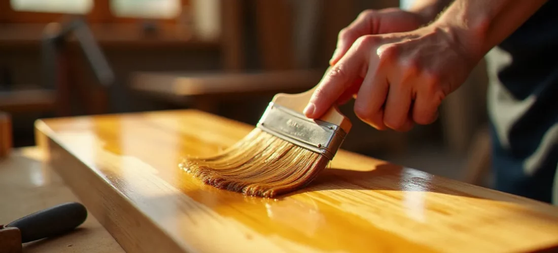 Artisan appliquant un vernis bois avec un pinceau plat sur une planche de chêne massif dans un atelier de menuiserie, illustrant la technique de vernis bois comment appliquer